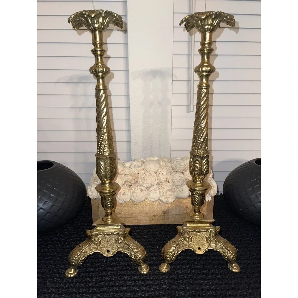 Vintage Pair Of 2 Ornate Tall Brass‎ Candle Holders 20